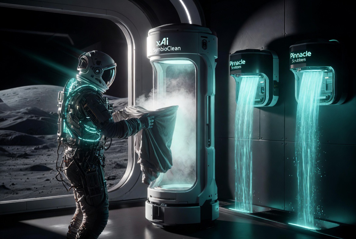 Astronaut using xAI SymbioClean textile maintenance system with Pinnacle Scrubbers on a lunar base