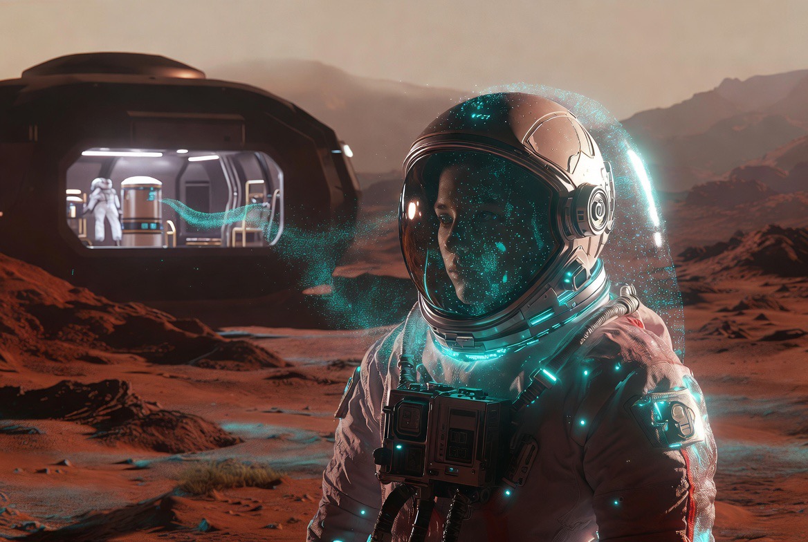 Astronaut on Mars surface with SymbioClean-equipped habitat in the background